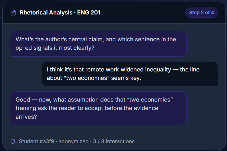 Assign AI — a rhetorical-analysis assignment where a student works through steps with an AI tutor